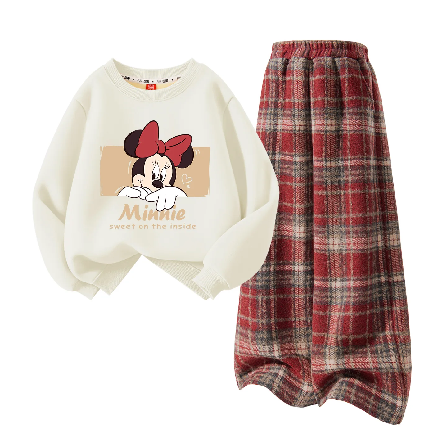 Детский спортивный комплект Casual Sportswear из 2 предметов Disney, [Thickened and Fleece-Lined]Di-Duo Burgundy+Solid Color Red Plaid — фото 4