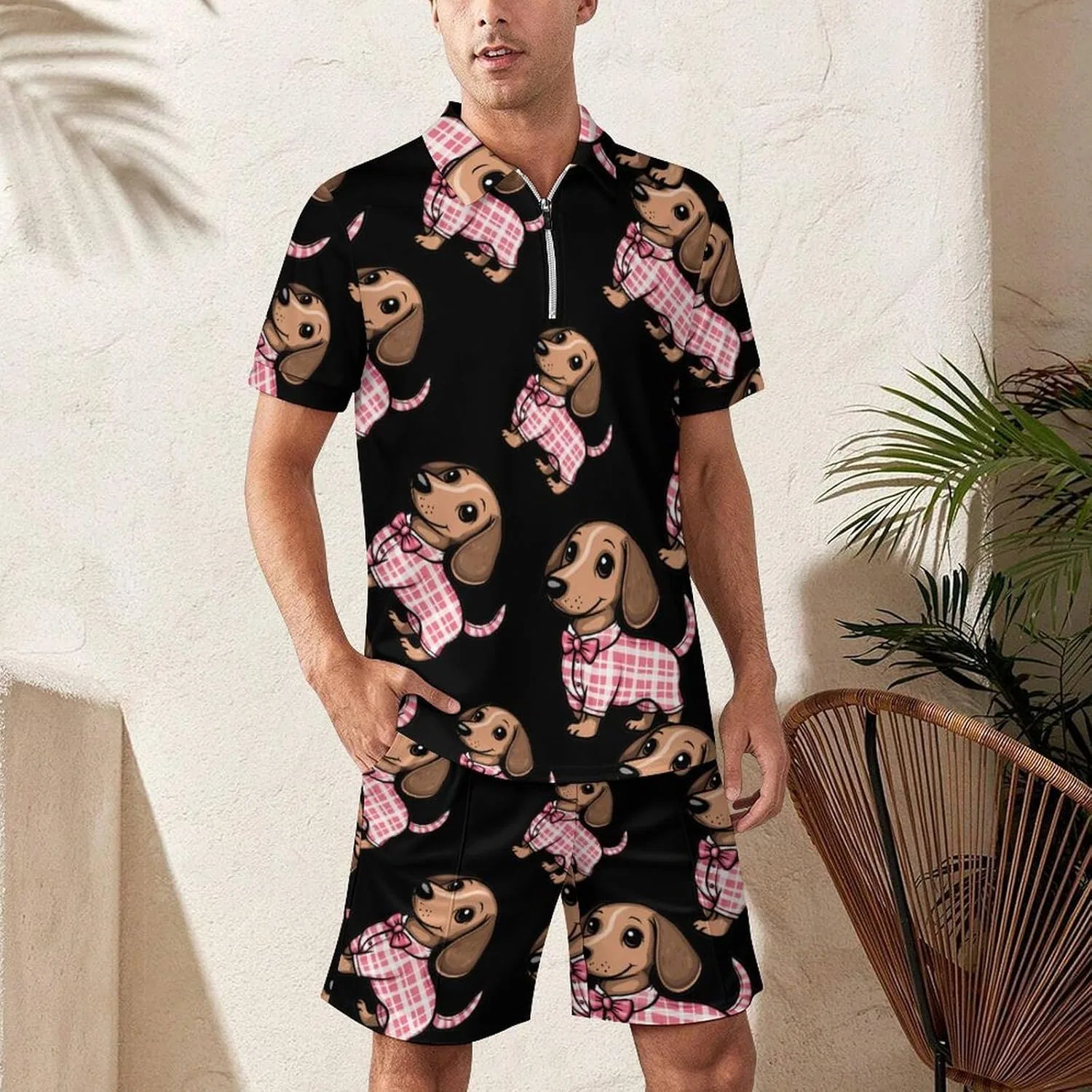 Мужской спортивный костюм с принтом таксы, поло и шорты, Style — фото 2