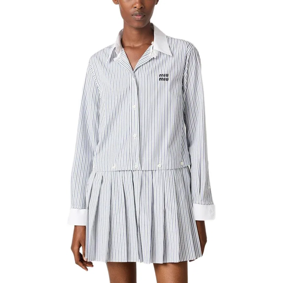Плиссированное мини-платье-рубашка в полоску MIU MIU, Blue White — фото 2