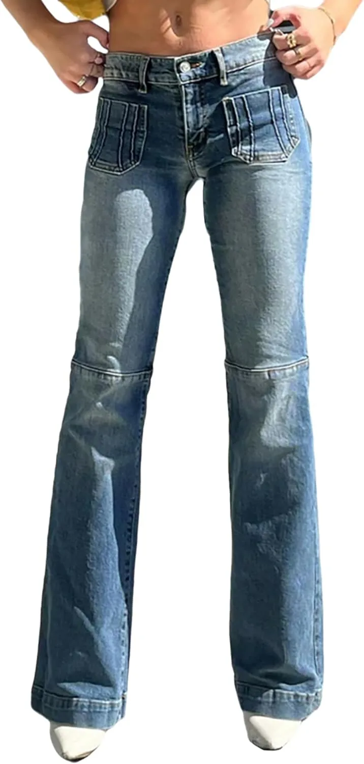 

Женские джинсы с карманами-заплатками и расклешенным силуэтом QLAUYIOE