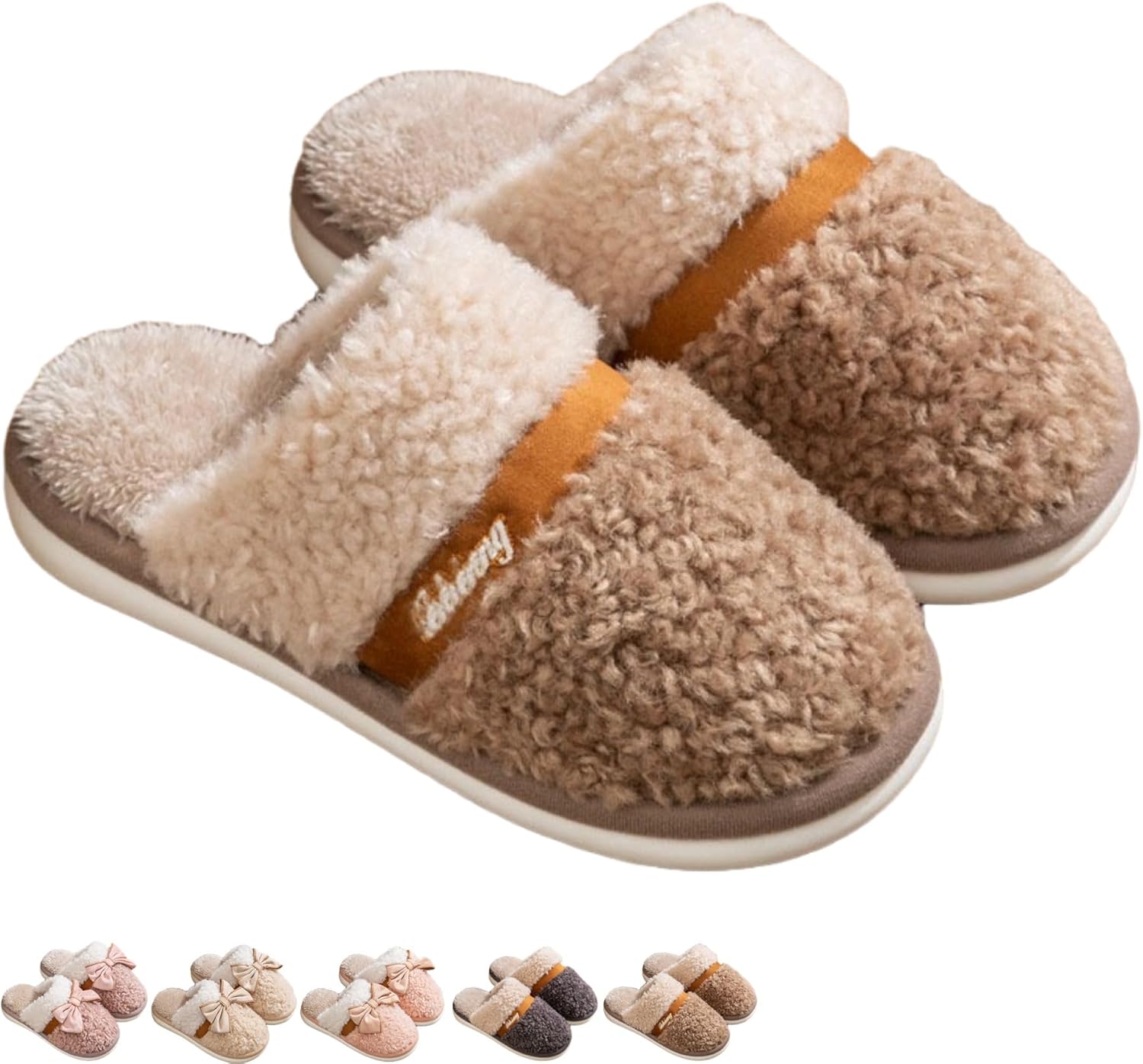 

Домашние зимние теплые хлопковые тапочки с бантом для женщин и мужчин, пушистые домашние тапочки с бантом, противоскользящие домашние тапочки для спальни, уютные тапочки для мужчин и пар Iwhgrmp, Coffee