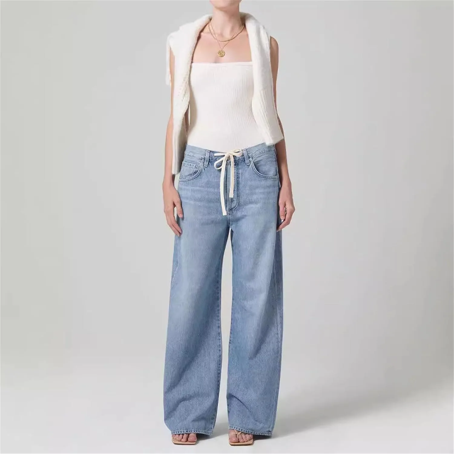 Женские джинсы Wide Leg с завязками, прямые, потертые — фото 3