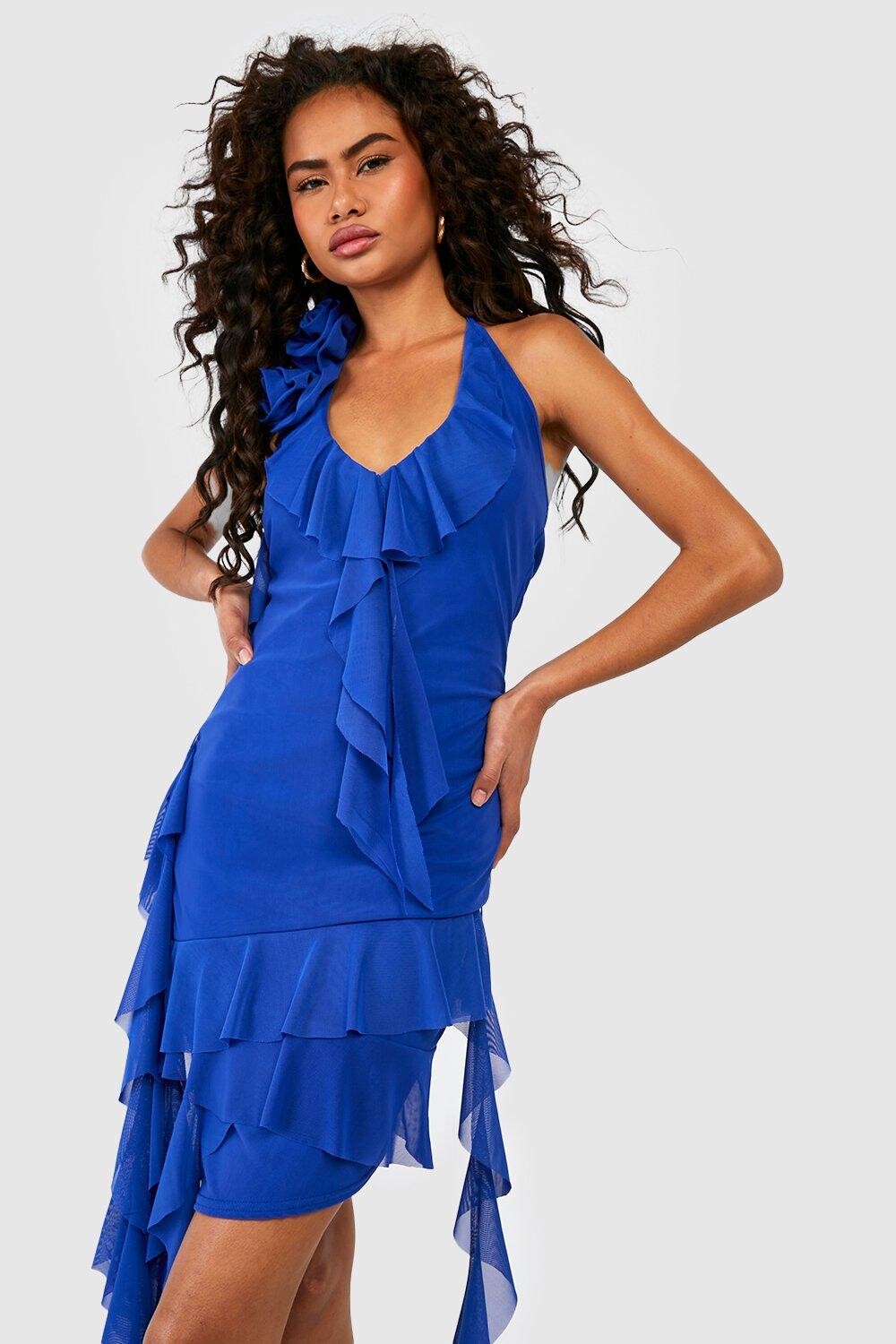 

Мини-платье с цветочной сеткой и рюшами Boohoo, кобальтовый