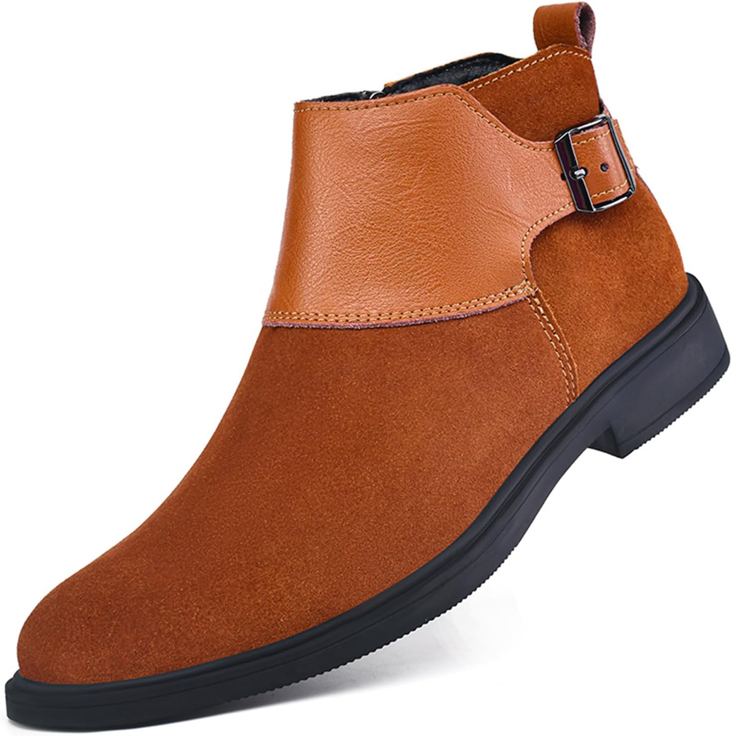 

Мужские классические ботинки-челси из натуральной кожи с пряжкой, боковой молнией, модным острым носком, водонепроницаемые, противоскользящие, повседневные и деловые Ptnoka, коричневый