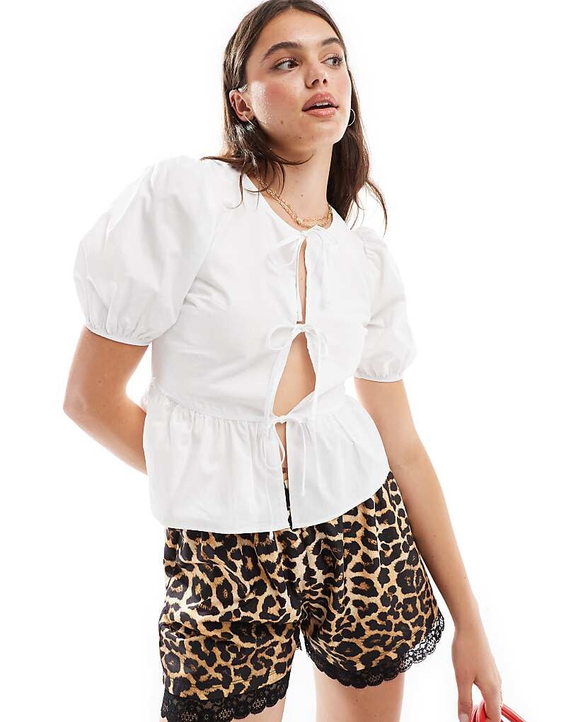 

Белый топ из поплина Miss Selfridge =f с пышными рукавами и завязками спереди