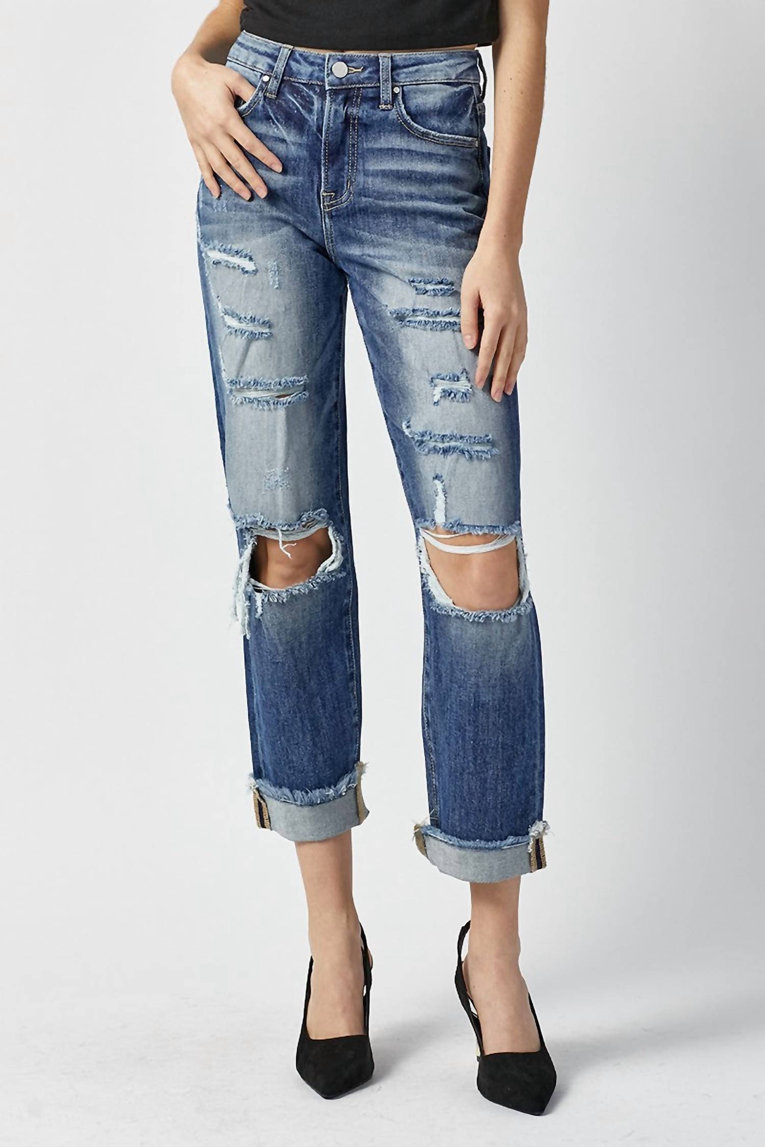 

Джинсы Boyfriend Destroy с высокой посадкой, темного цвета RISEN, цвет dark wash