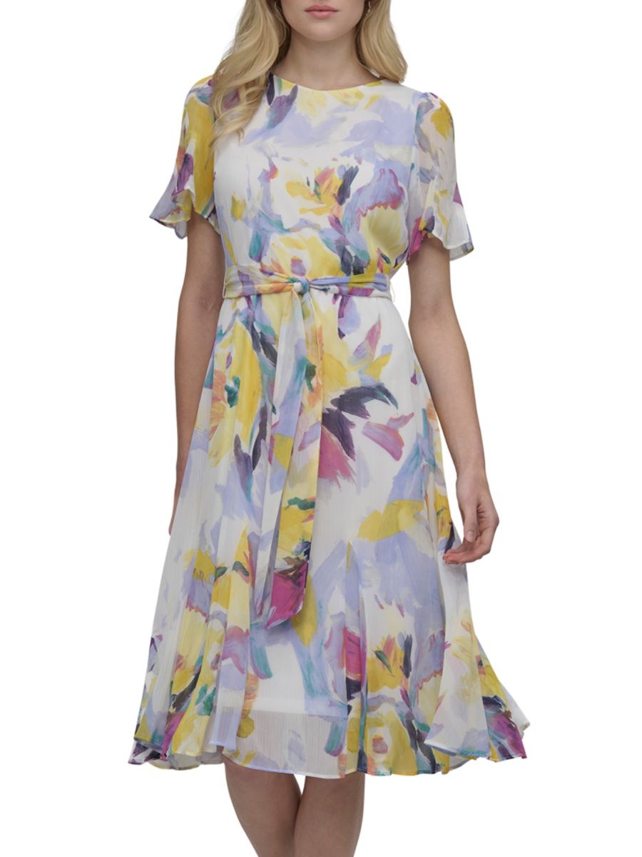 

Платье миди с абстрактным принтом и поясом DKNY, цвет Blue Multicolor