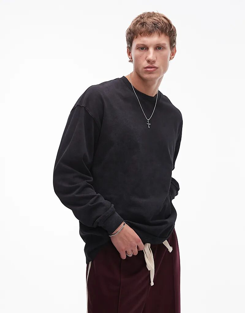 

Футболка свободного кроя с длинными рукавами черного цвета Topman