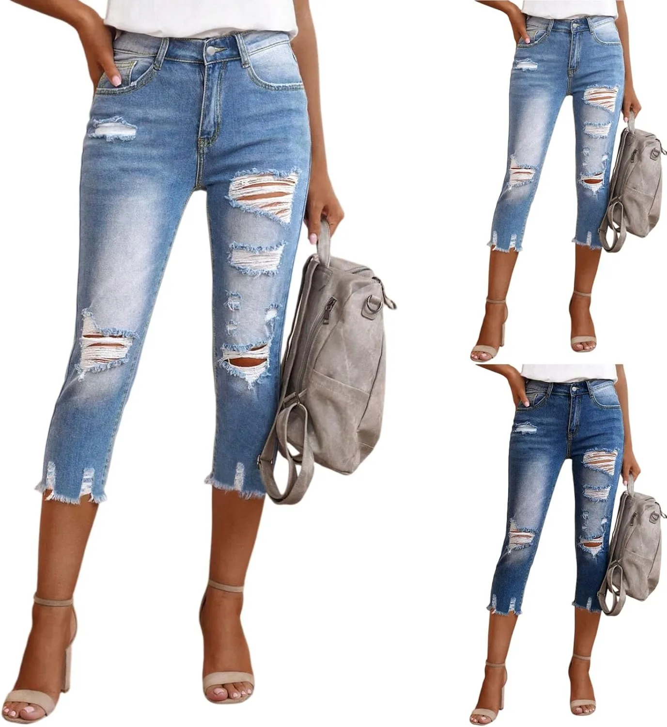 

Джинсы Capri для женщин Stretch High Waisted Distressed Denim, светлая стирка