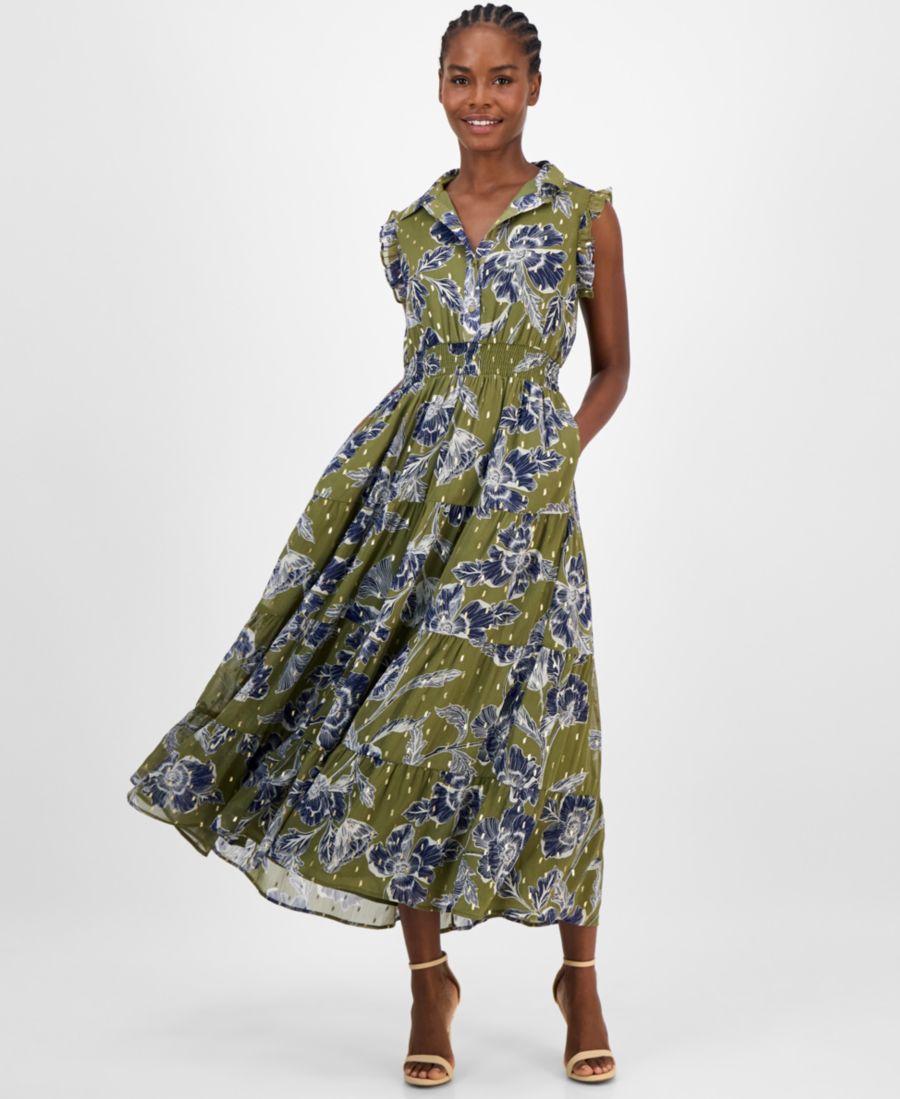 

Женское платье-рубашка с цветочным принтом и сборками Anne Klein, Hunter Olive Multi