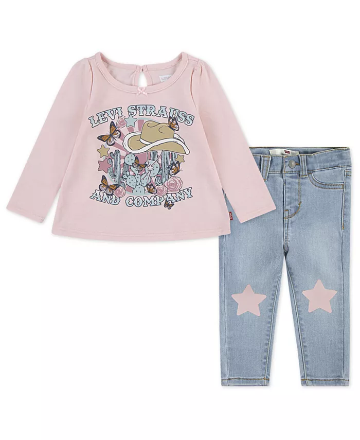 

Детский комплект для девочек: вестерн-топ и джинсы со звездами Levi'S, мультиколор