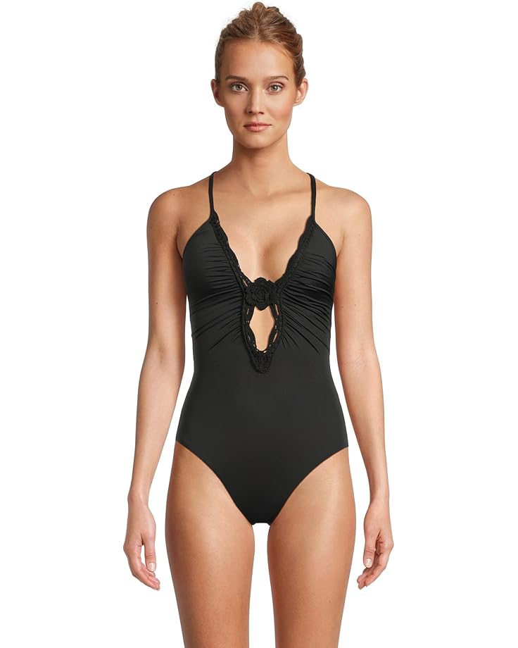 

Купальник BECCA Colette Clare Crochet Flower Plunge One Piece, черный
