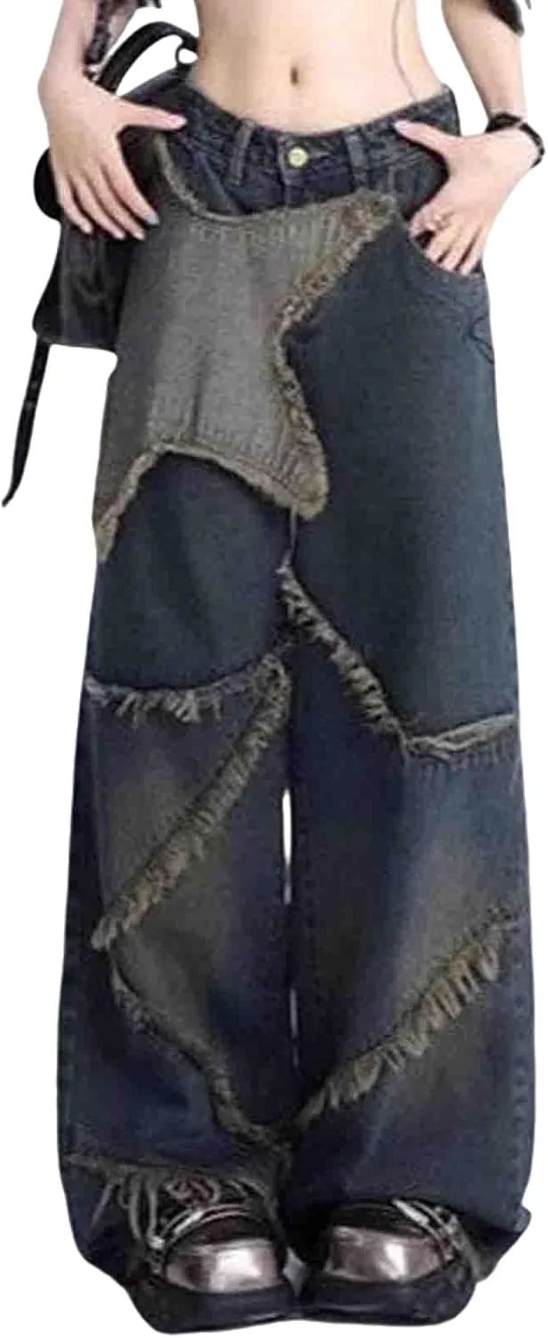 

Джинсы Y2K готические wide leg женские high waisted loose с пятиконечной звездой Ethbox