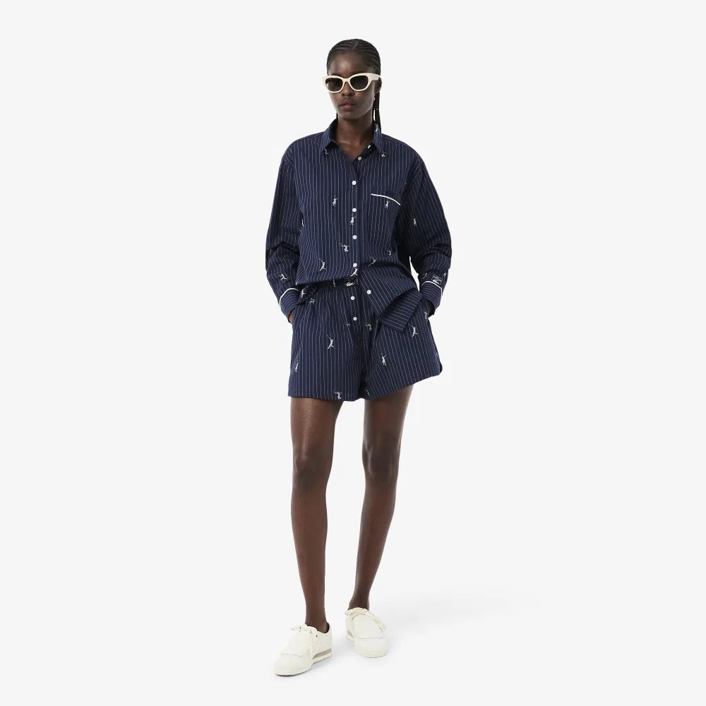 Шорты Lacoste в полоску с вышивкой, темно-синие