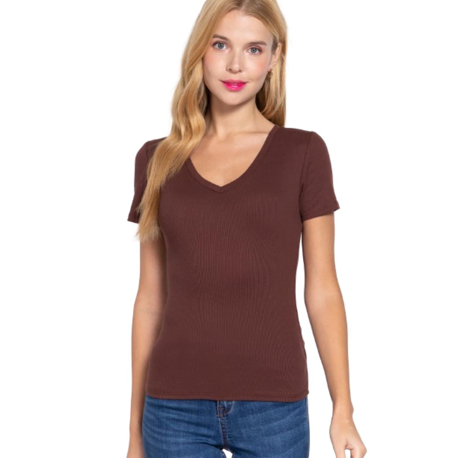 

Топ в рубчик с коротким рукавом и V-образным вырезом FASHNZFAB, цвет sepia