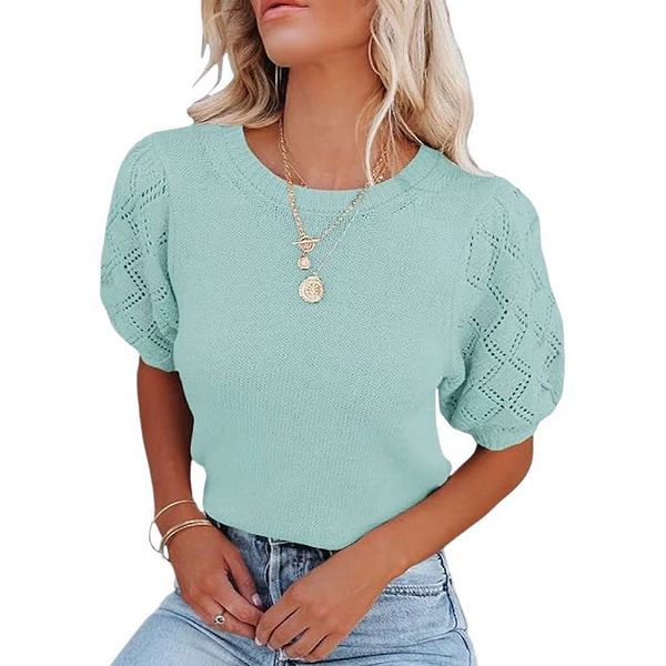 

Женский летний легкий свитер с коротким рукавом и круглым вырезом Clearflower, Mint Blue