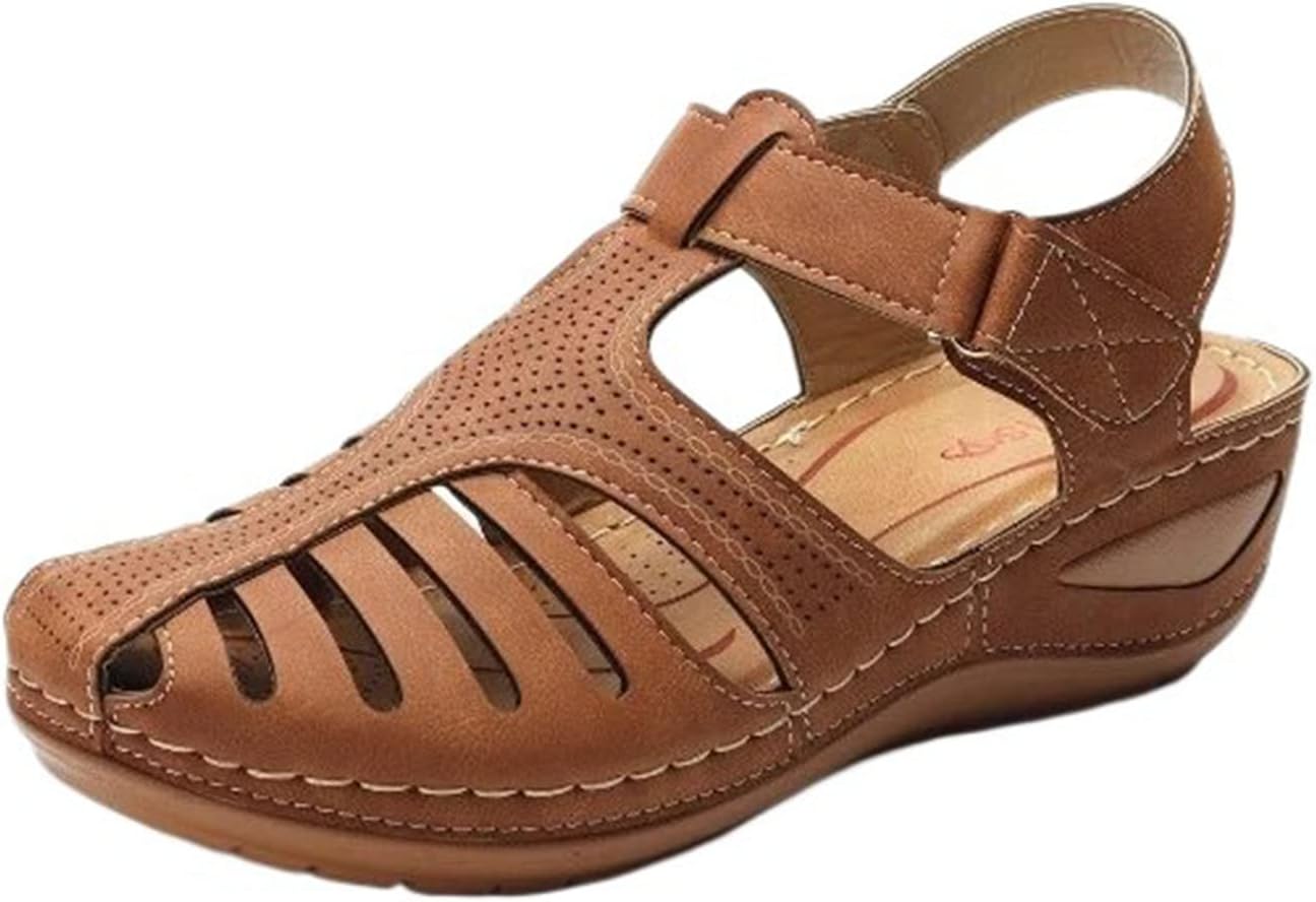 

Женские сандалии с закрытым носком, с круглым носком, на платформе, с танкеткой, классические слипоны, однотонные, нарядные, с регулировкой, летние повседневные балетки Canbebig, коричневый