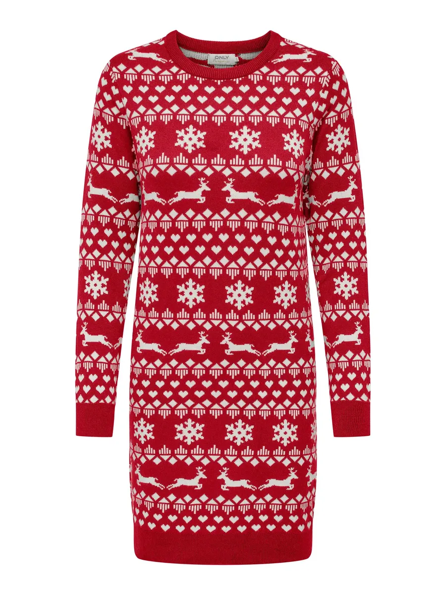 

Only трикотажное платье "ONLXMAS SNOWFLAKE LS DRESS CS KNT", цвет Chili Pepper Pattern:Cloud Dancer