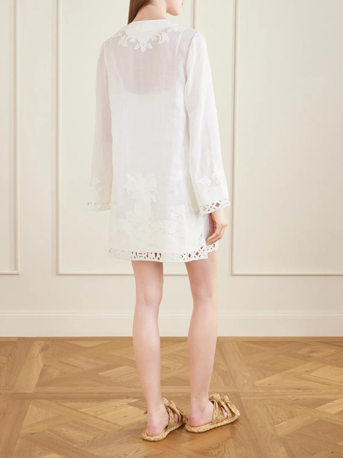 Мини-платье из рами Indra с вышивкой и поясом ZIMMERMANN, белый — фото 3