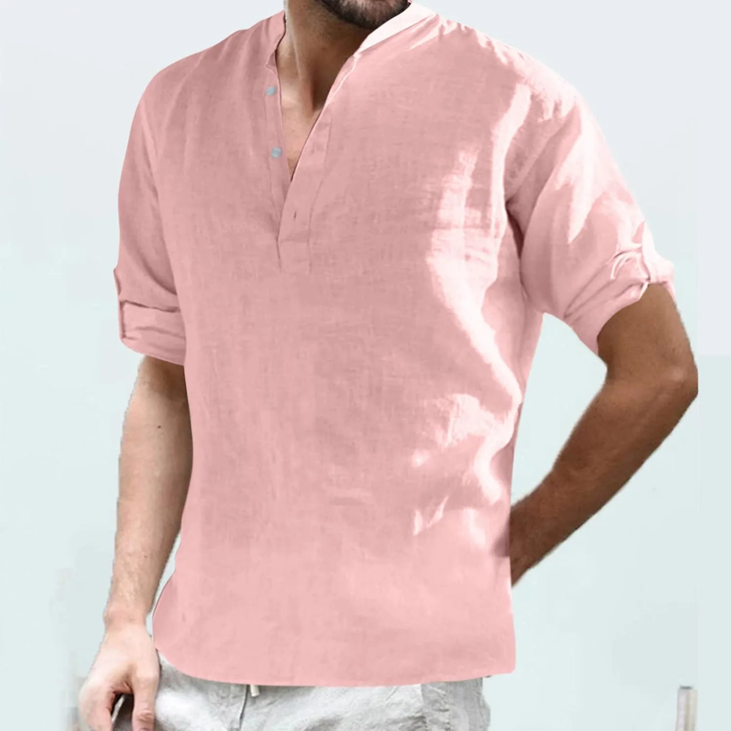 Мужская льняная рубашка Henley дышащая быстросохнущая — фото 2