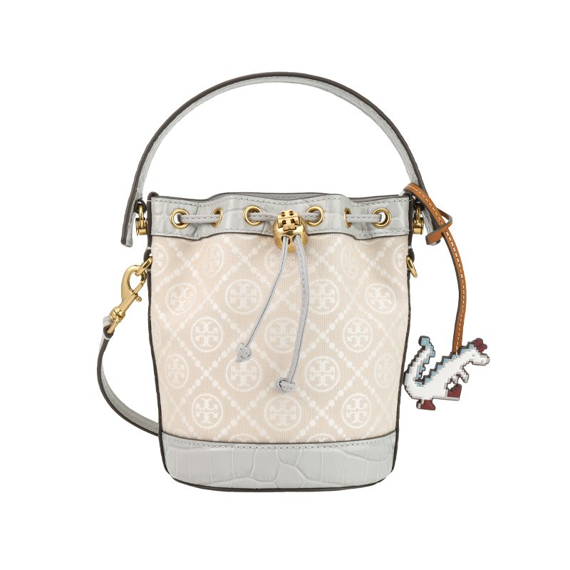 

Джаккардовая кожаная сумка-ведро через плечо кроссбод мини женская мистический серый TORY BURCH