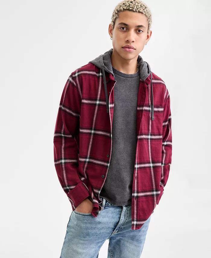 

Мужская фланелевая рубашка с капюшоном и многослойным эффектом в клетку Bird Sun + Stone, красный