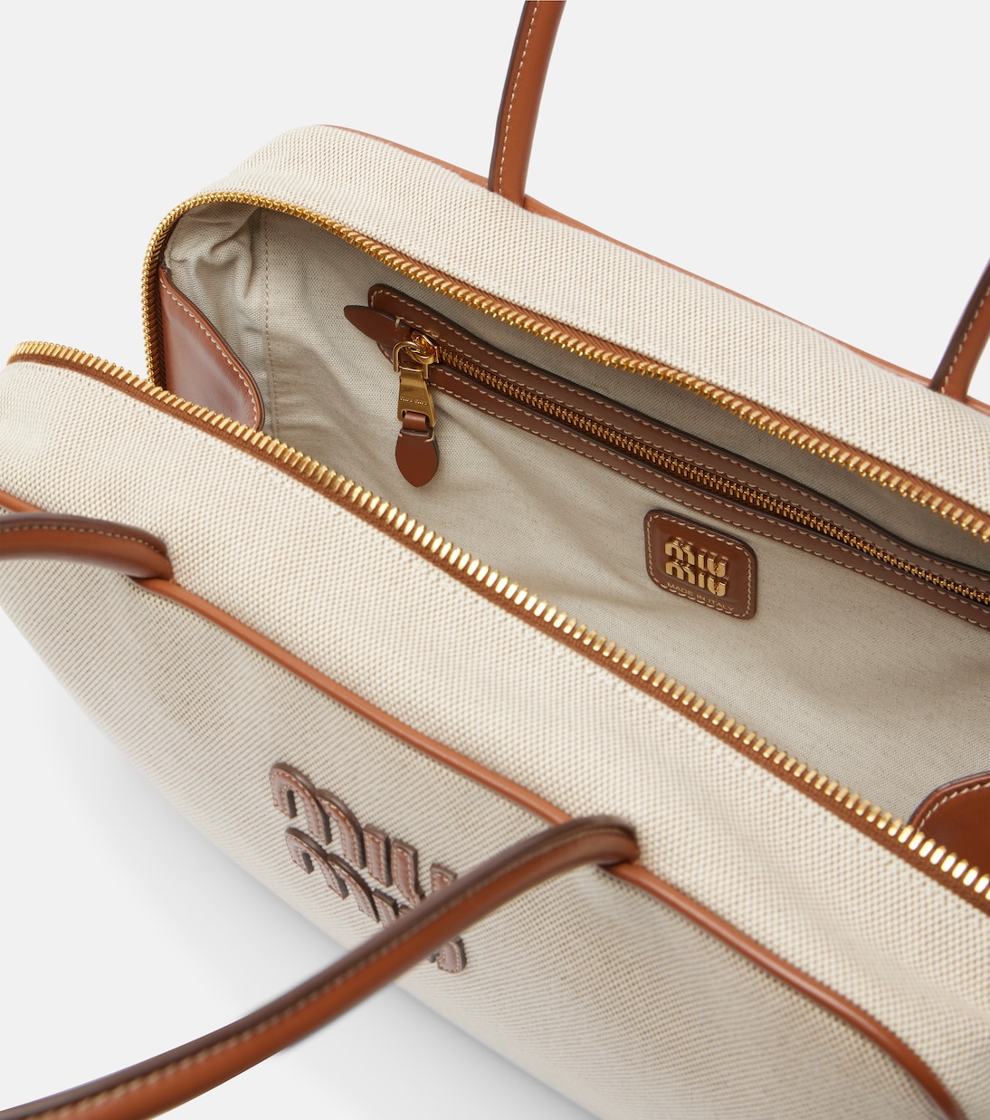 Сумка-тоут из холста с кожаной отделкой Beau Miu Miu, Naturale+Brandy — фото 3