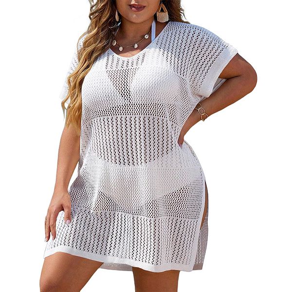 

Пляжное платье с коротким рукавом и разрезом Women's plus size hollow out Kojooin, White