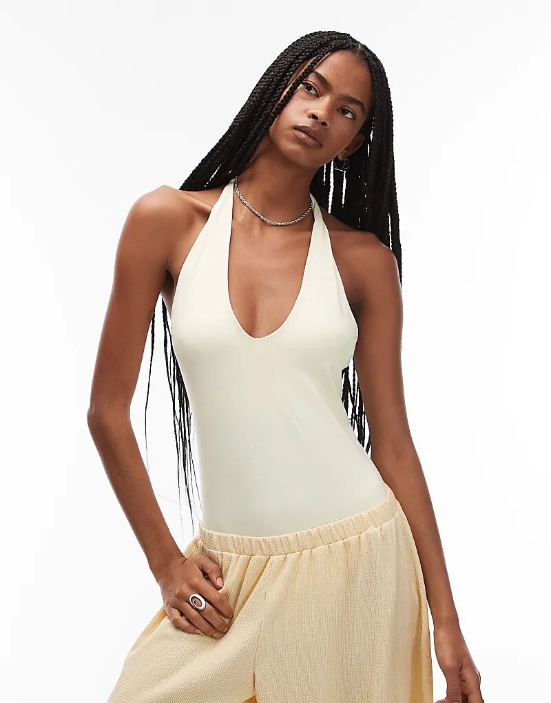 

Боди ASOS DESIGN из полиамида с глубоким вырезом и бретелями через шею желтого цвета