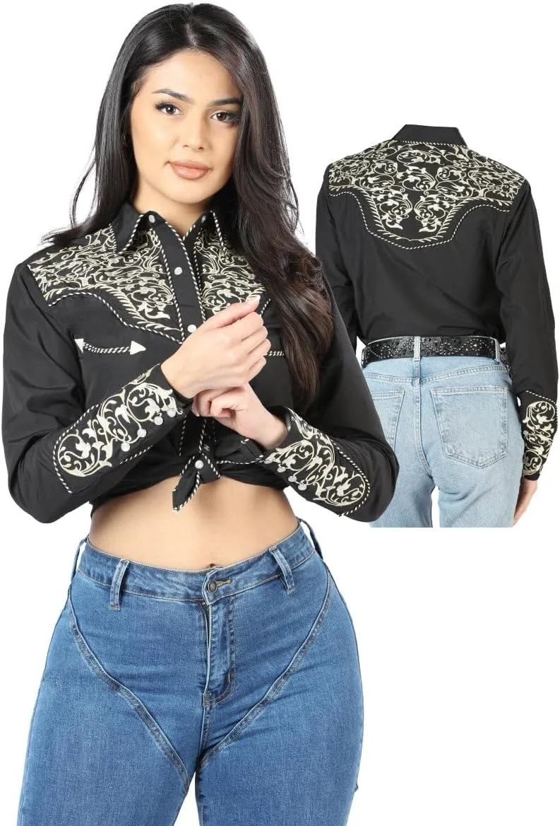 

Женская черная блузка в стиле вестерн с вышивкой