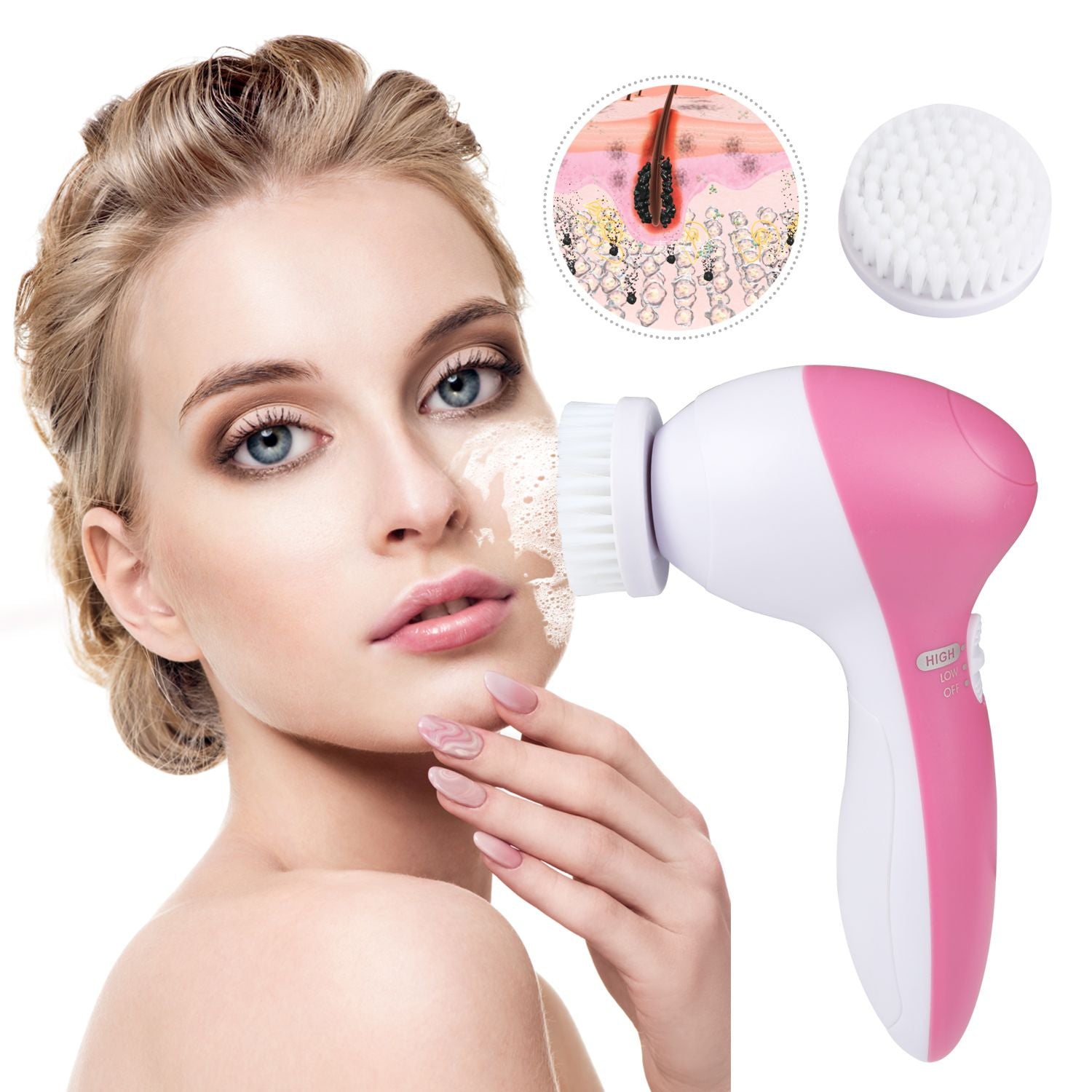 

Водонепроницаемая очищающая щетка для лица Face Spin Cleaning Brush Scrubber с 5 насадками для женщин Proxxi, розовый