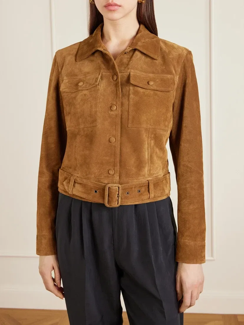 Укороченная замшевая куртка с поясом SAINT LAURENT, коричневый — фото 3
