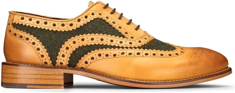 Туфли London Brogues Men's Shoes Tan Tweed Olive Leather Gatsby Vintage Wedding Office Classic