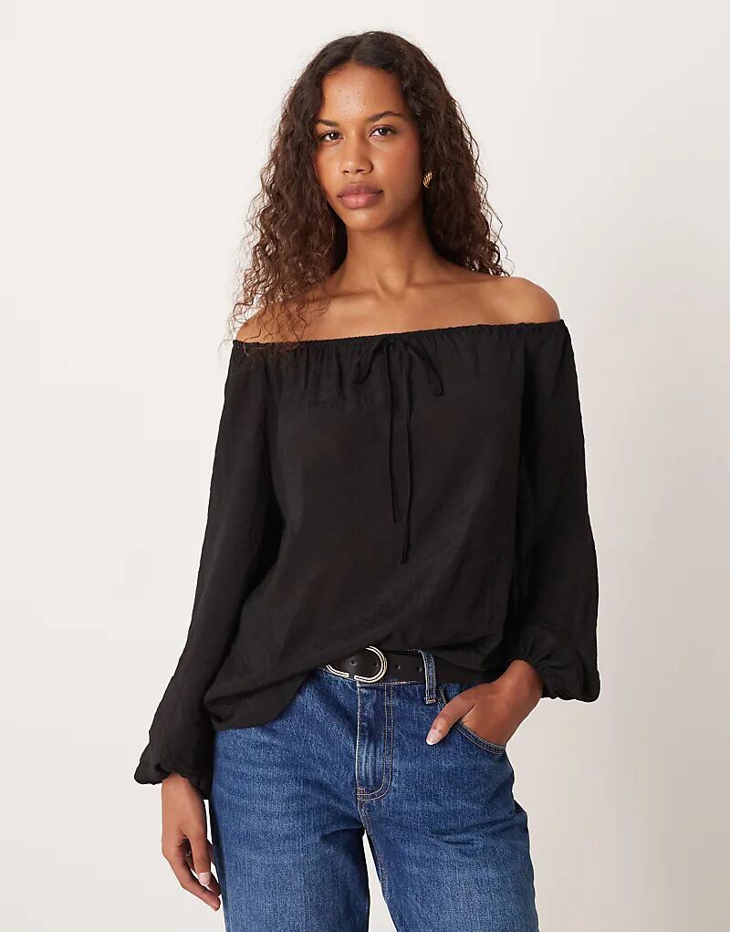 

Топ ASOS DESIGN с открытыми плечами и объемными рукавами черного цвета