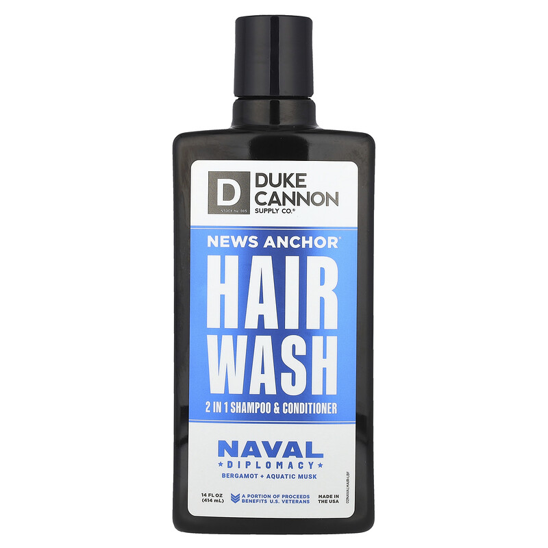 

Duke Cannon Supply Co., News Anchor Hair Wash, шампунь и кондиционер 2 в 1, Naval Diplomacy, бергамот и водный мускус, 414 мл (14 жидк. Унций)