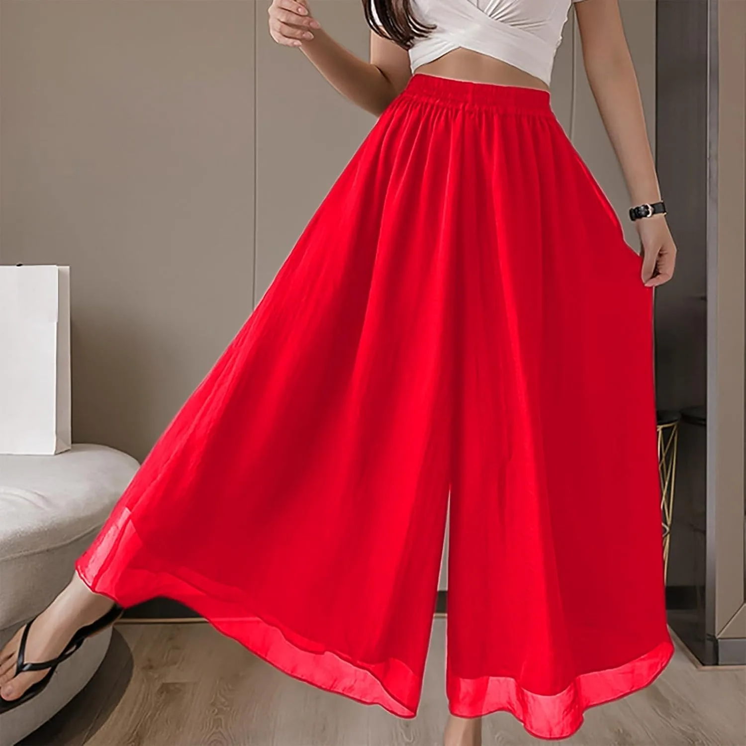 Широкие брюки Casual High Waisted Plus Size элегантные палаццо из шифона с эластичным поясом красные — фото 2