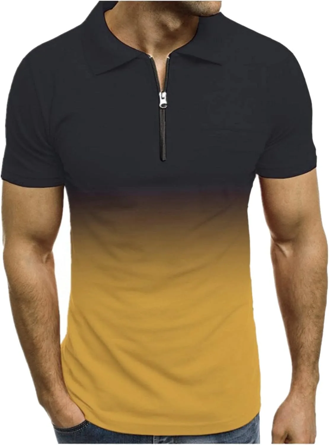 Мужская поло с молнией, короткий рукав, градиентная футболка, Slim Fit