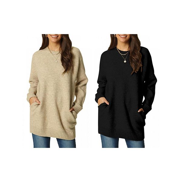 

2 упаковки женского свитера с круглым вырезом, длинным рукавом и карманами Inspire Chic, Black Khaki