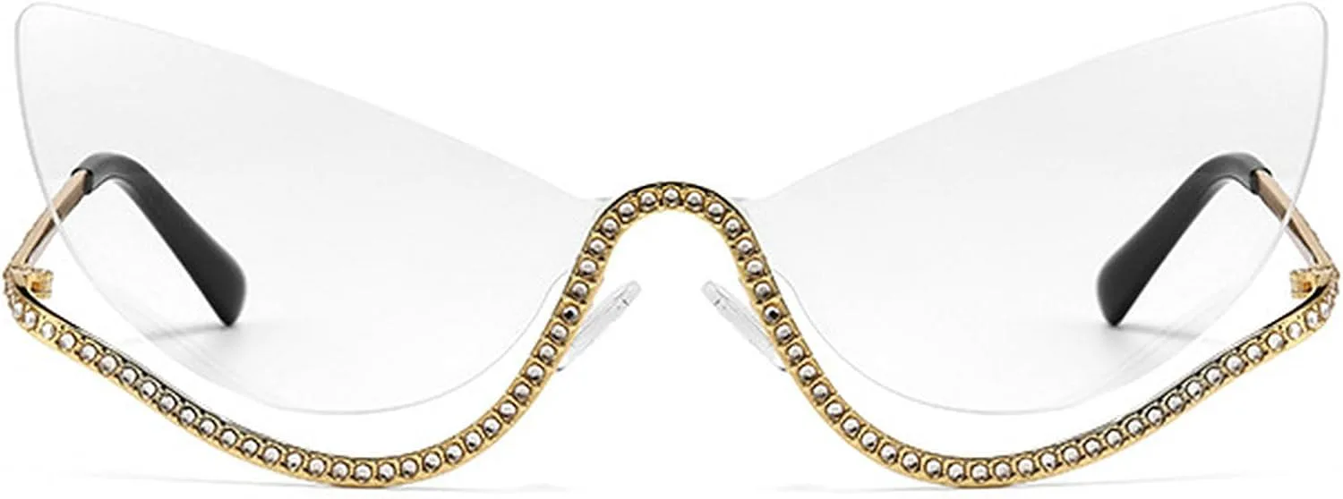 

Солнцезащитные очки со стразами для женщин, блестящая бриллиантовая оправа, винтажные, без оправы, большие, в форме «кошачий глаз», очки для вечеринок mincl, Clear