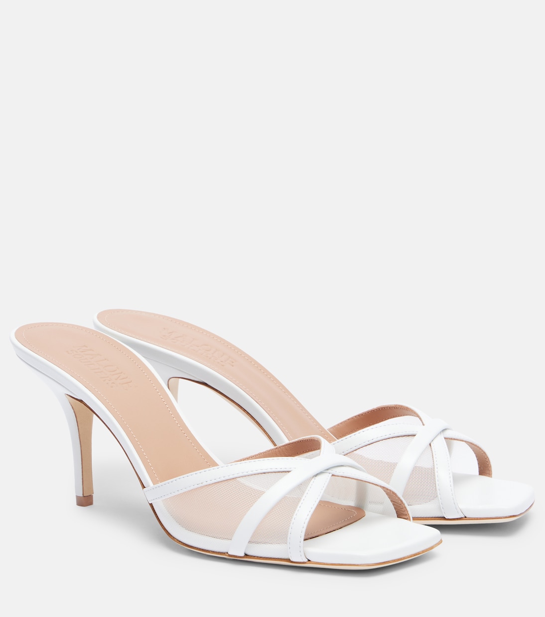 Перла 70 мюли из кожи и сетки Malone Souliers, White/White