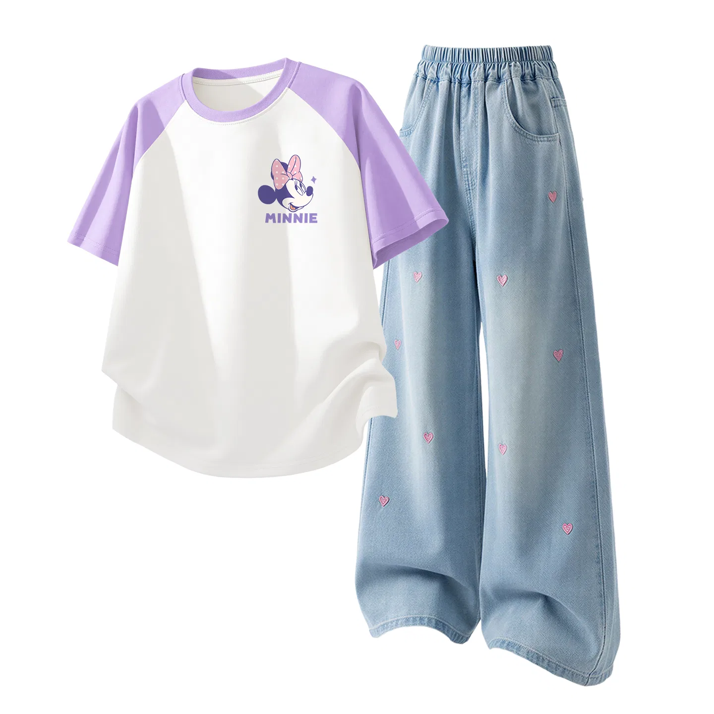 Детская повседневная спортивная футболка с круглым вырезом Disney, Dini Knot K Purple White+Solid Color Denim Light Blue