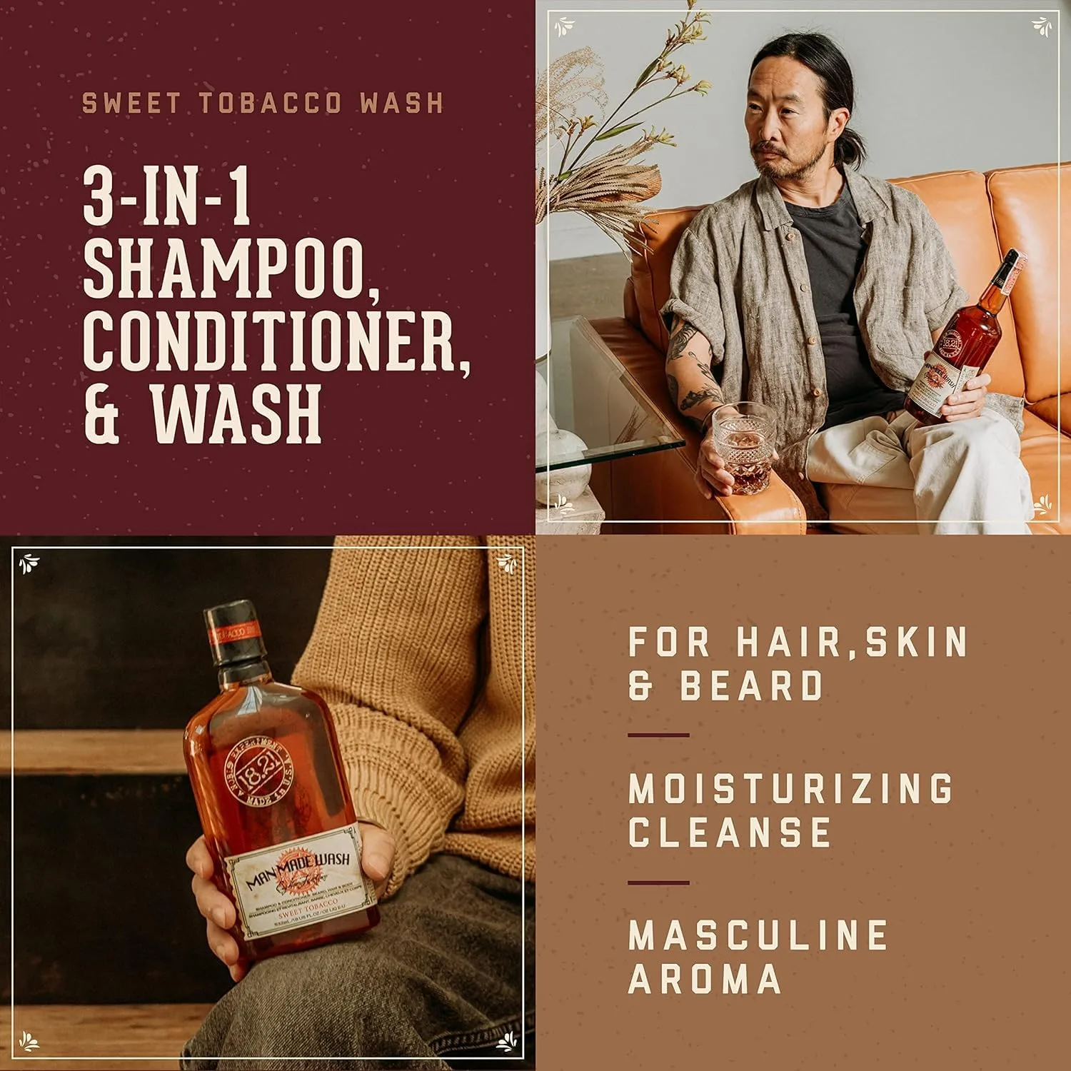 18.21 Man Made Absolute Mahogany Wash & Spiced Vanilla 3-в-1, набор из 2 штук по 18 унций (510 г), для всех типов волос и кожи мужчин, укрепляет и увлажняет с мужественным ароматом — фото 2