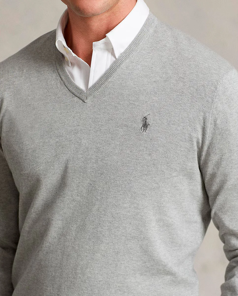 Мужской хлопковый свитер с V-образным вырезом Polo Ralph Lauren, серый — фото 3