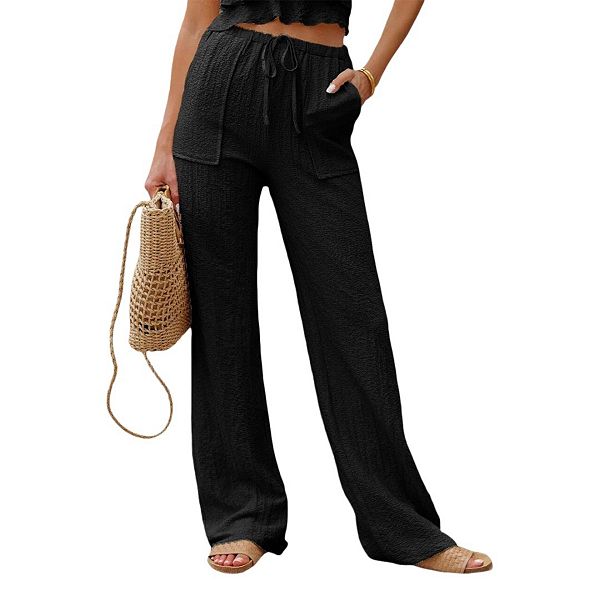 

Женские брюки с высокой талией, прямым кроем и широкими штанинами на шнурке с карманами Yesfashion, Black