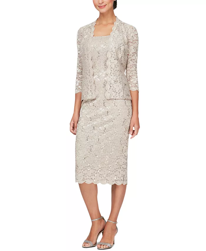 

Комплект из кружевного жакета и миди-платья Petite 2-Pc SL Fashions, коричневый/бежевый