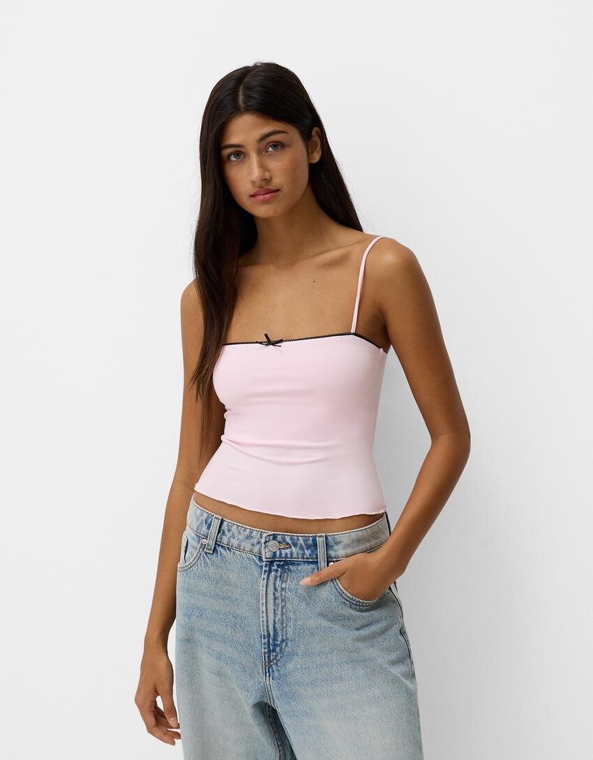 

Топ на бретельках с бантом Bershka, розовый