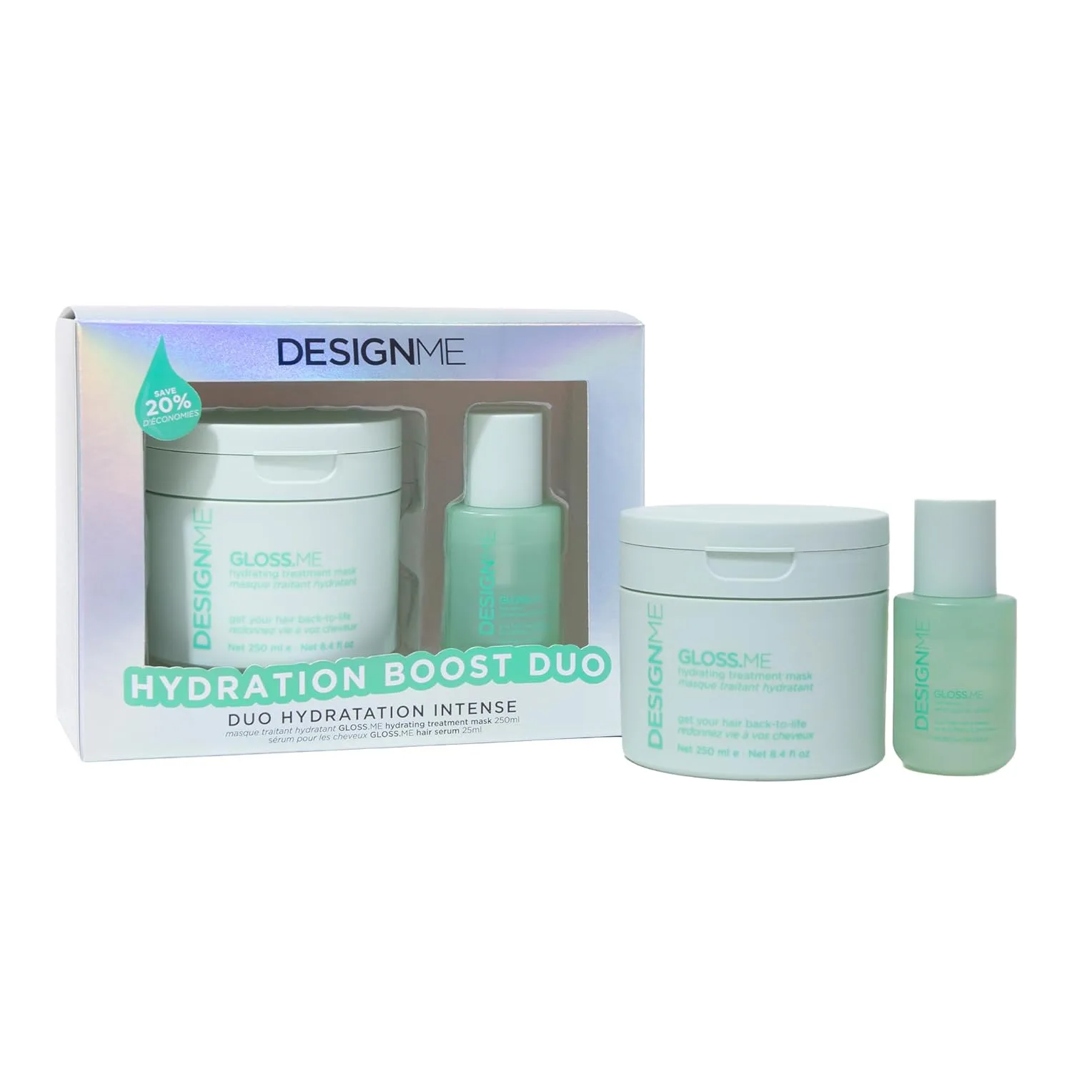 Design.Me GLOSS.ME Hydration Boost Duo: маска для глубокого кондиционирования и аргановое масло для волос, для сухих и непослушных волос, color safe