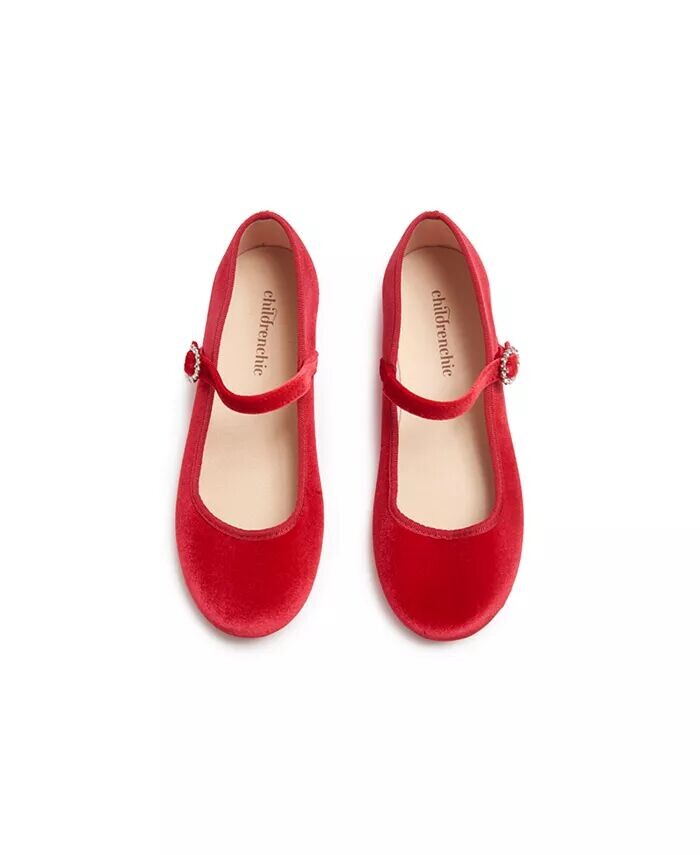 Girls Holiday Velvet Mary Janes in Red Childrenchic, красный — фото 2