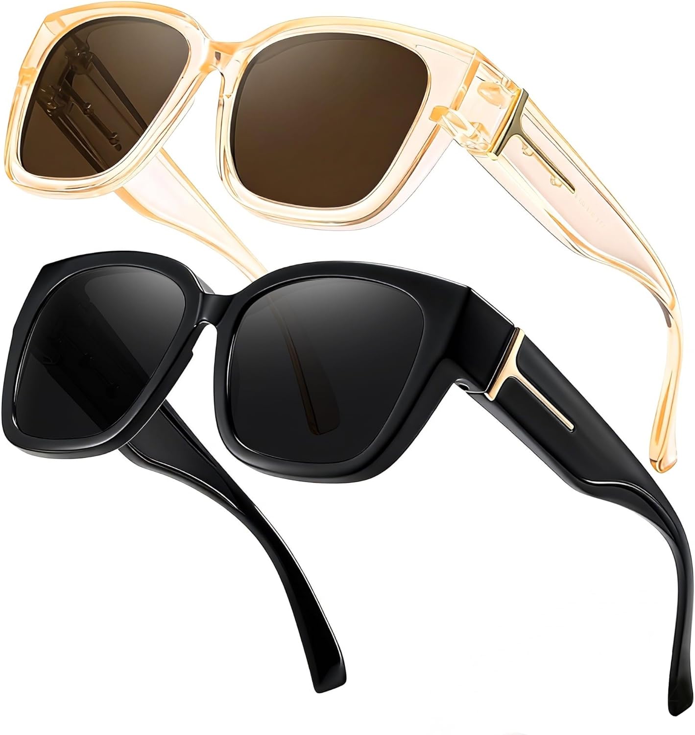 

LVIOE 2 шт. поляризованные солнцезащитные очки для женщин и мужчин, большие квадратные солнцезащитные очки с защитой от УФ-излучения LS7511, A09 (2 Pack) Black+champagne