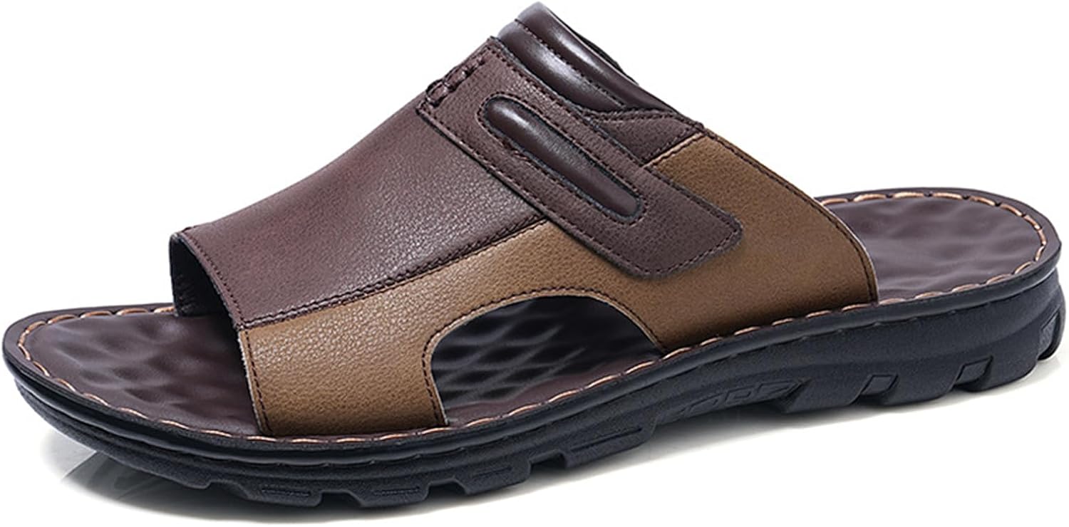 

Мужские кожаные шлепанцы с открытым носком для улицы, удобные ретро-кэжуал шлепанцы, летние сандалии-слипы для мужчин Abborora, темно-коричневый